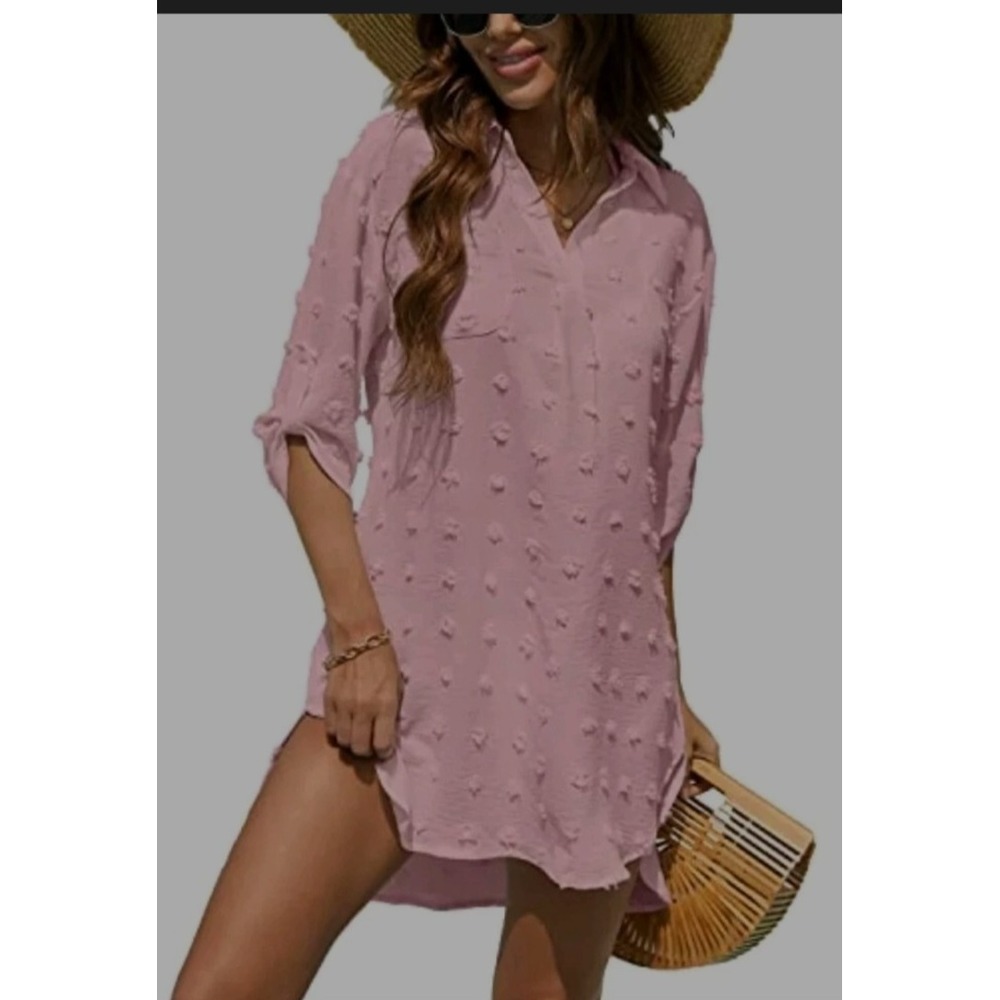 B Womens SwimSuit Cover Up Large Semi Sheer Fuzzydot Tunic Dress Pink Slit Hem